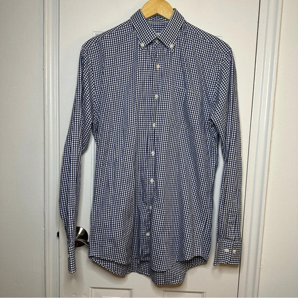 PETER MILLAR Gingham Button Down Long Sleeve Shirt Blue Black Checkered Medium - Picture 1 of 6